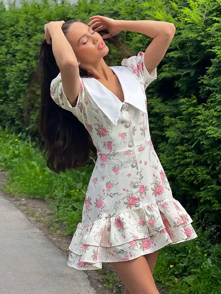 Flower Printed Lapel Mini Dress Women Casual Daily Short Sleeved V Neck A-Line Fluffy Short Vestido 2025 New Summer Holiday Robe