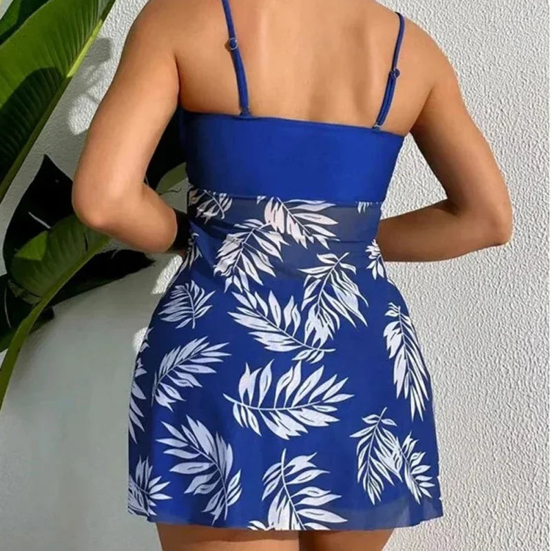Summer Short Dress Split Swimsuit Women'S Sexy Fashion High Waist Swimsuit Thickened Mesh Print Swimming Beach Wear