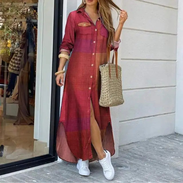 Spring And Autumn Women'S Fashion Plaid Printed Polo Neck Shirt Dress Elegant Denim Long Sleeve Button Pocket Loose Long Dreess