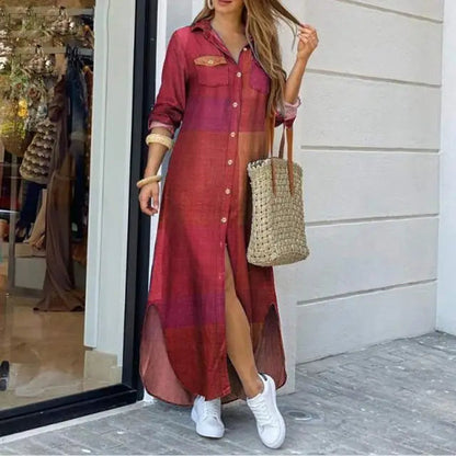 Spring And Autumn Women'S Fashion Plaid Printed Polo Neck Shirt Dress Elegant Denim Long Sleeve Button Pocket Loose Long Dreess