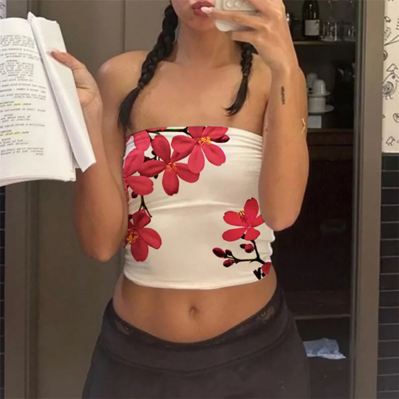 Summer Tube Tops For Women Floral Print Off Shoulder Strapless Bandeau 2000S Aesthetic Y2K Clothes