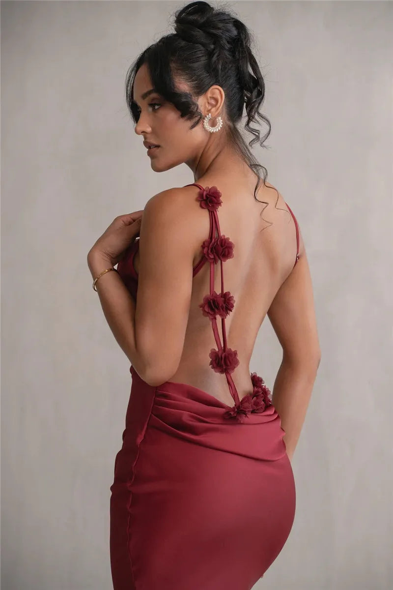 3D Flower Draped Open Back Maxi Dress