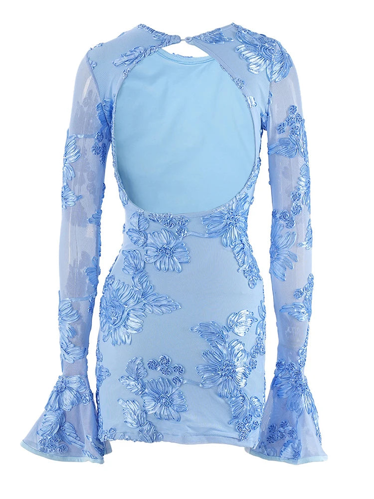 Glam Rose Pink Floral Backless Short Party Dress Elegant Party Dresses For Women Long Sleeve Embroidered Birthday Dress