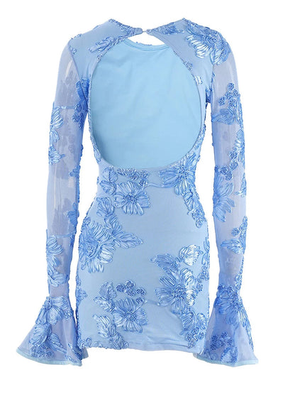 Glam Rose Pink Floral Backless Short Party Dress Elegant Party Dresses For Women Long Sleeve Embroidered Birthday Dress