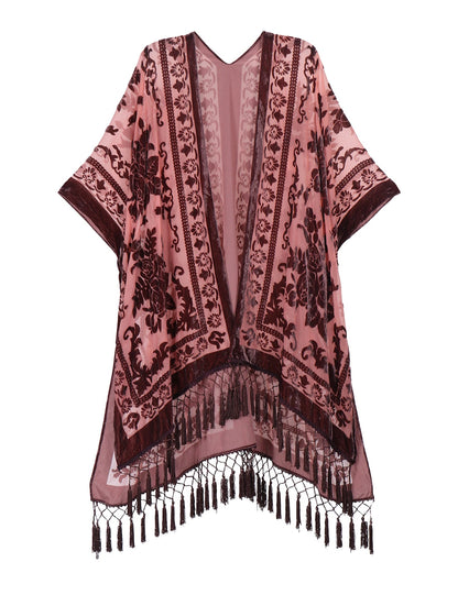 Wehello Bohemian Burnt Plush Kimono Women'S Long Purple Tassel Beach Cover-Up  Holiday Casual Cardigan Shawl Jypf-20