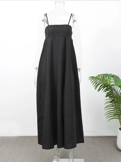 New Contrast Color A-Line Women'S Sling Dress Elegant Sleeveless Backless High Waist Long Robe Chic High Street Banquet Gowns
