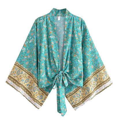 Happie Queens Floral Print Sashes Short  Kimono Women Fashion V Neck Batwing Sleeves Robe Lady Boho Bikini Cover-Ups