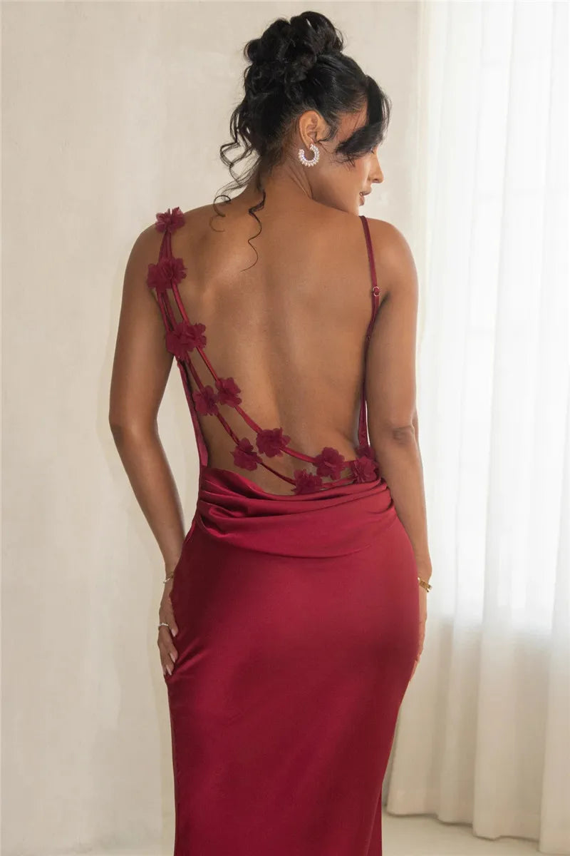 3D Flower Draped Open Back Maxi Dress