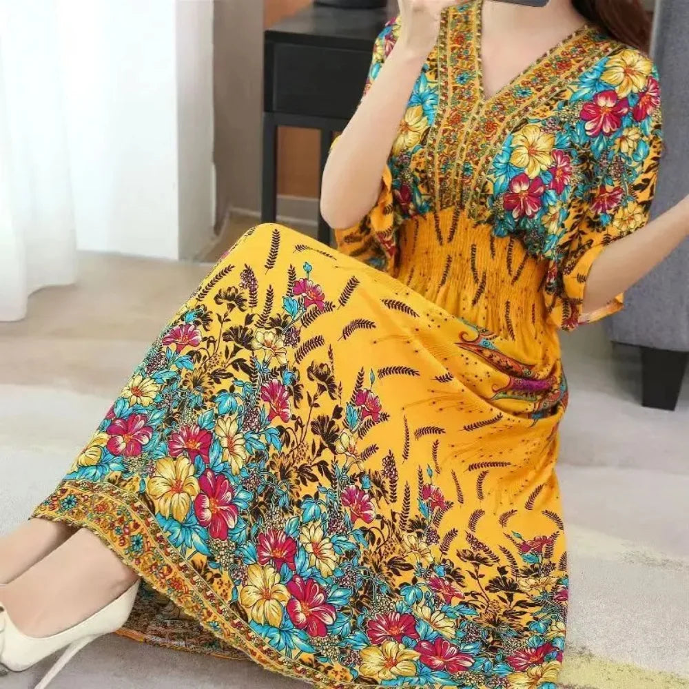 Casual Elegant Retro Bohemian National Style V-Neck Elastic  Waist Large Swing Printed Summer Long Skirt Woman Dress Clothes