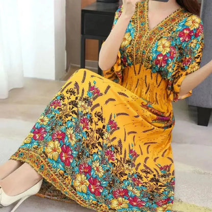 Casual Elegant Retro Bohemian National Style V-Neck Elastic  Waist Large Swing Printed Summer Long Skirt Woman Dress Clothes