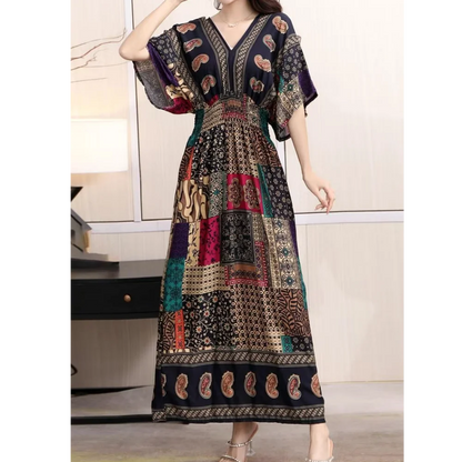 Casual Elegant Retro Bohemian National Style V-Neck Elastic  Waist Large Swing Printed Summer Long Skirt Woman Dress Clothes
