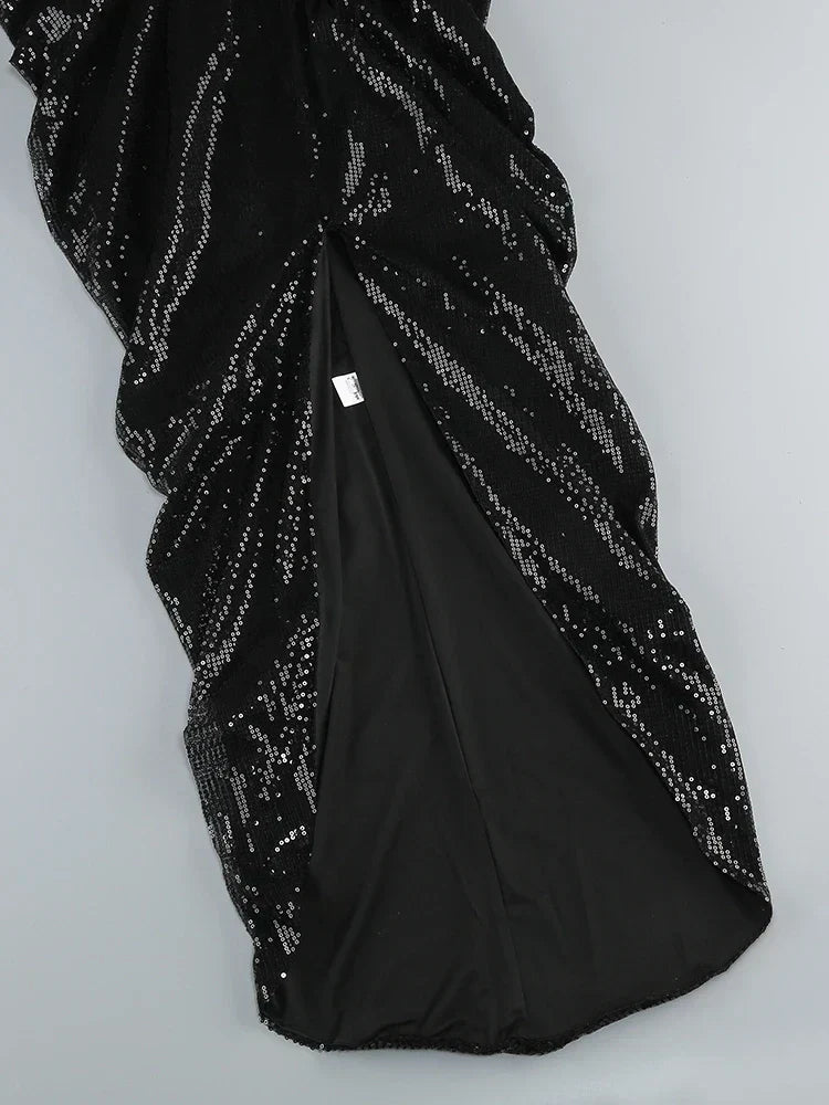 3D Flower Shiny Sequins Folds Long Dress