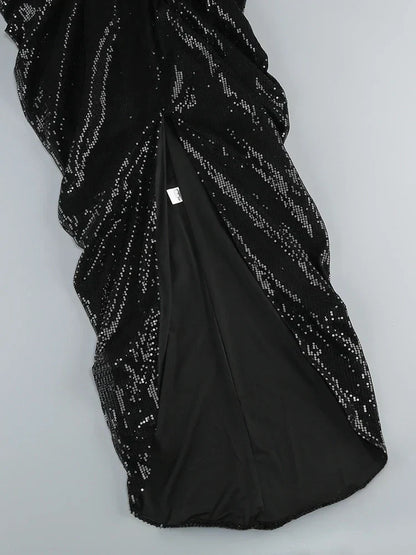 3D Flower Shiny Sequins Folds Long Dress
