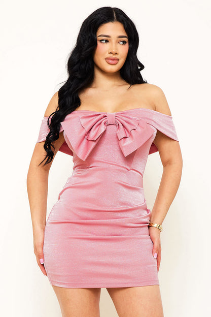 Bow Front Metallic Fabric Mini Dress