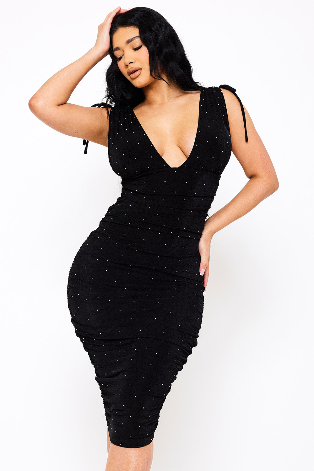 Deep V-Neckline Soft Slinky Midi Dress