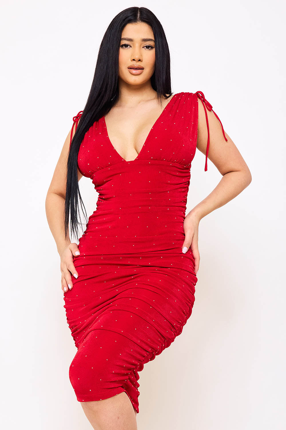 Deep V-Neckline Soft Slinky Midi Dress