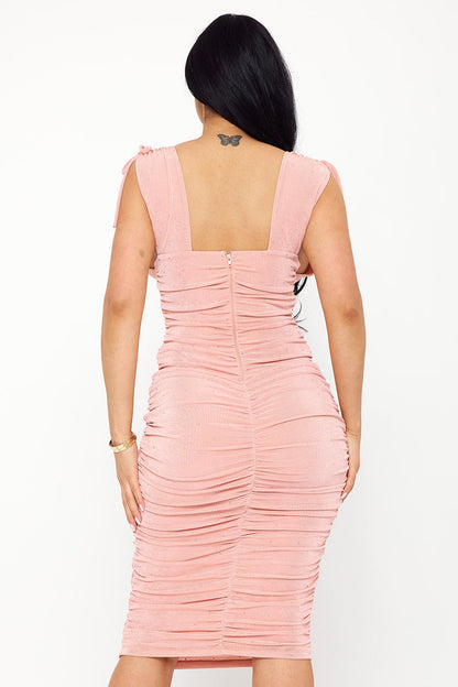 Deep V-Neckline Soft Slinky Midi Dress