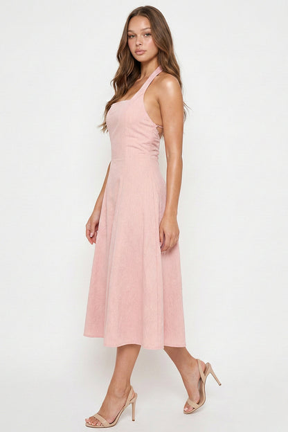 Denim Flower Patterned Halter Neck Midi Dress