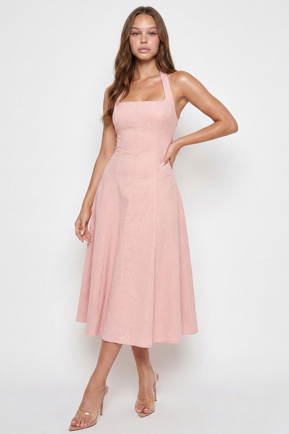 Denim Flower Patterned Halter Neck Midi Dress