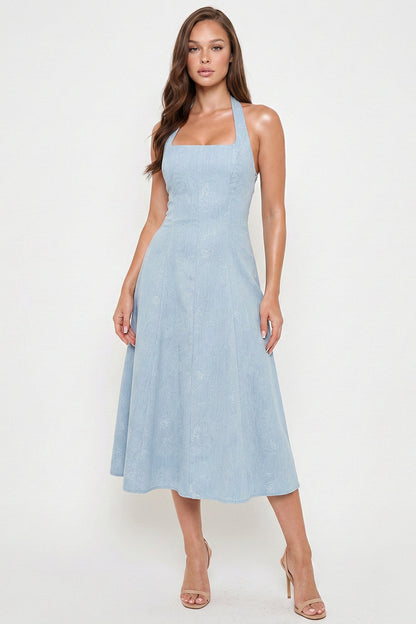 Denim Flower Patterned Halter Neck Midi Dress