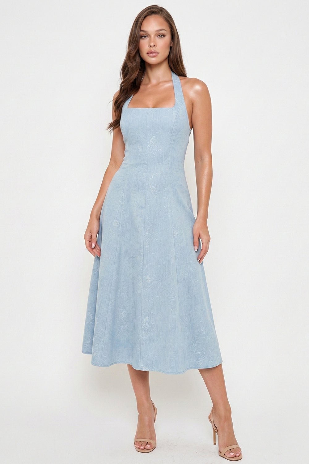Denim Flower Patterned Halter Neck Midi Dress
