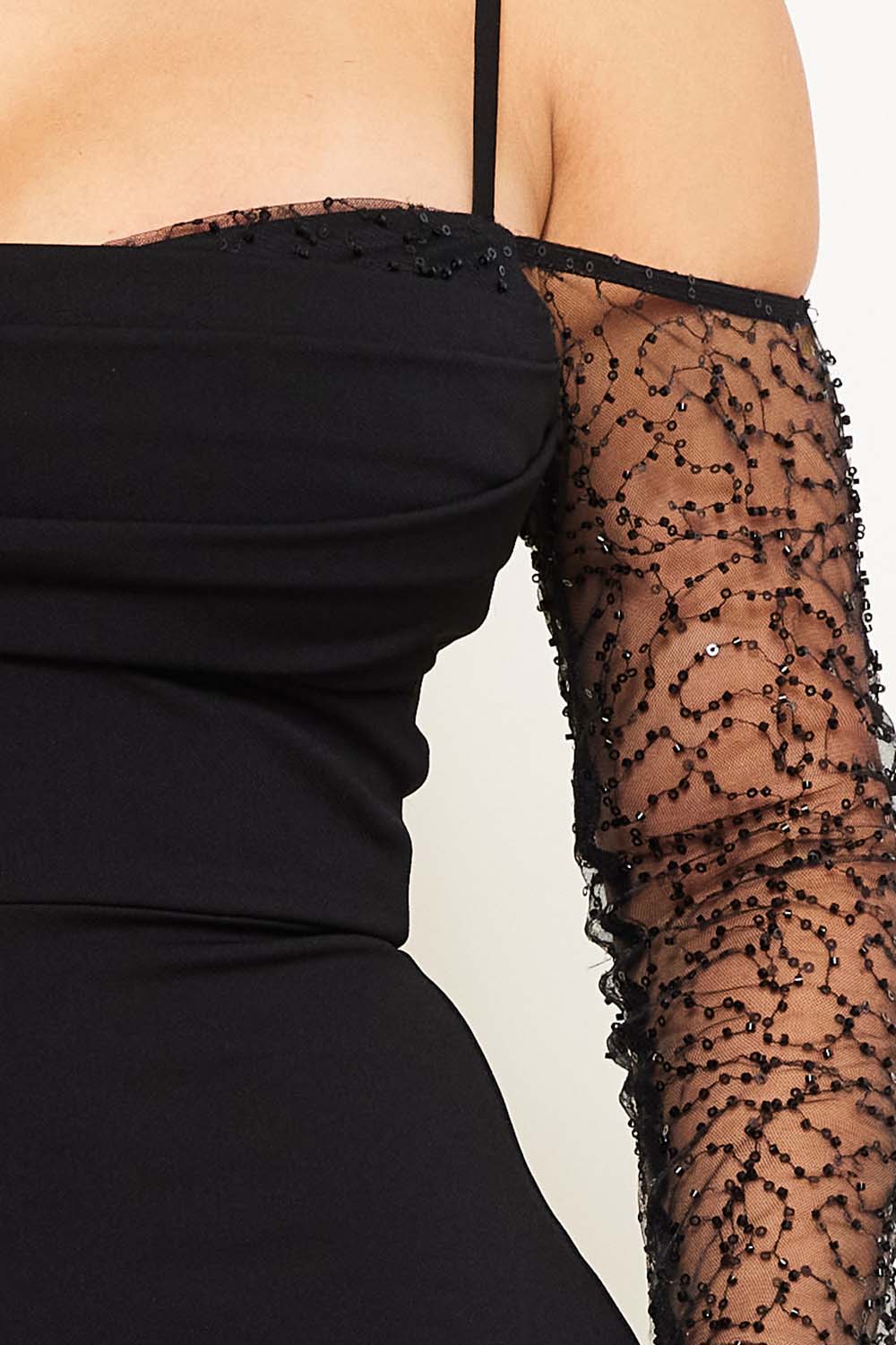 Beaded Mesh Paneled Maxi Dress