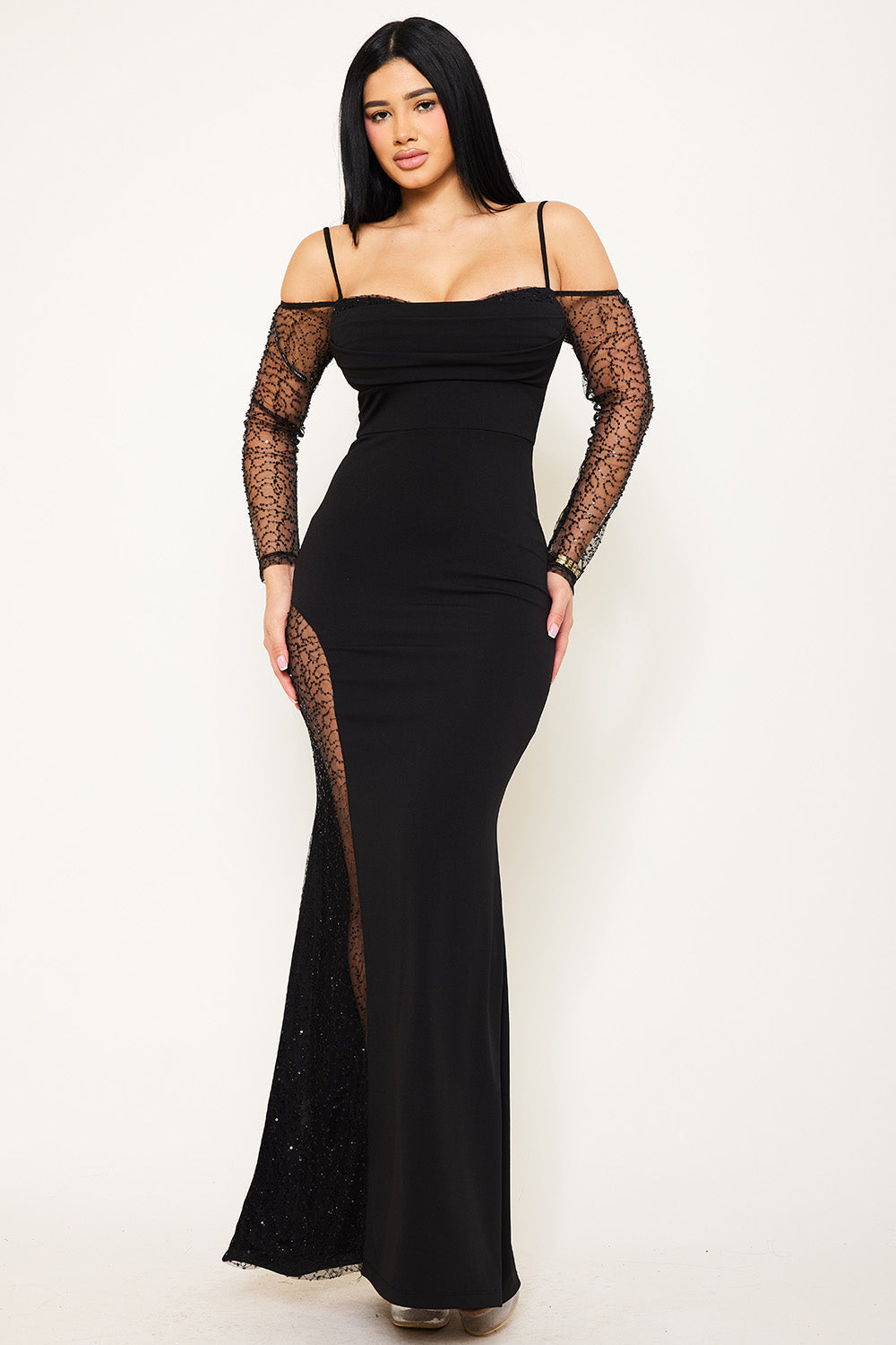 Beaded Mesh Paneled Maxi Dress