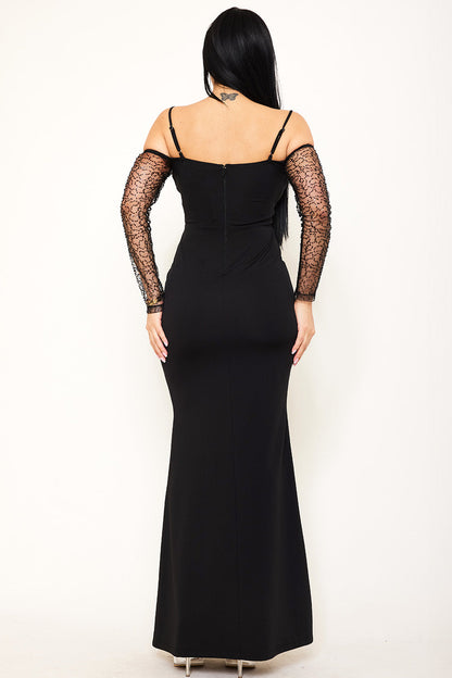 Beaded Mesh Paneled Maxi Dress
