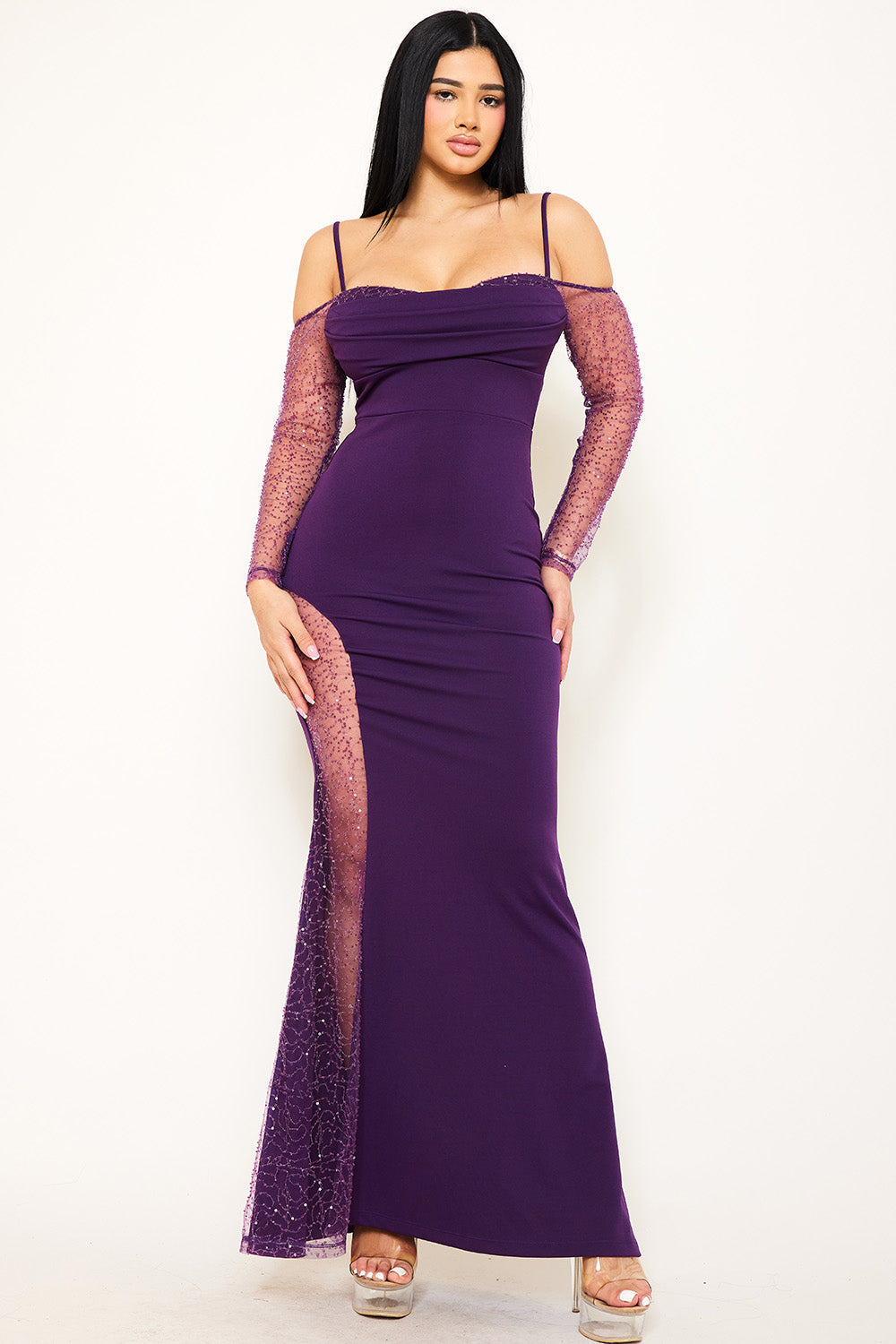 Beaded Mesh Paneled Maxi Dress