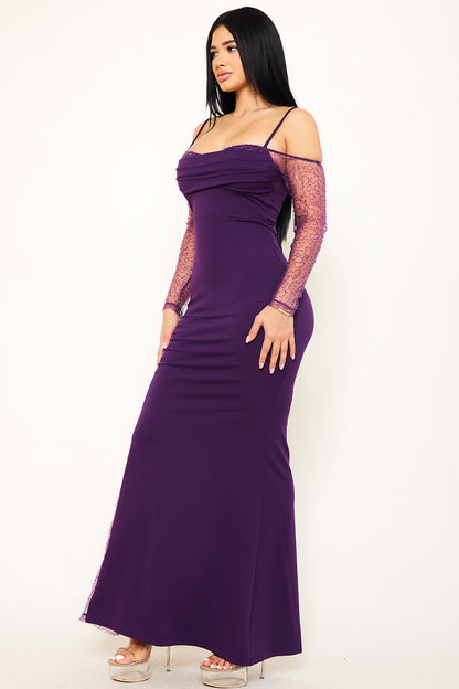 Beaded Mesh Paneled Maxi Dress
