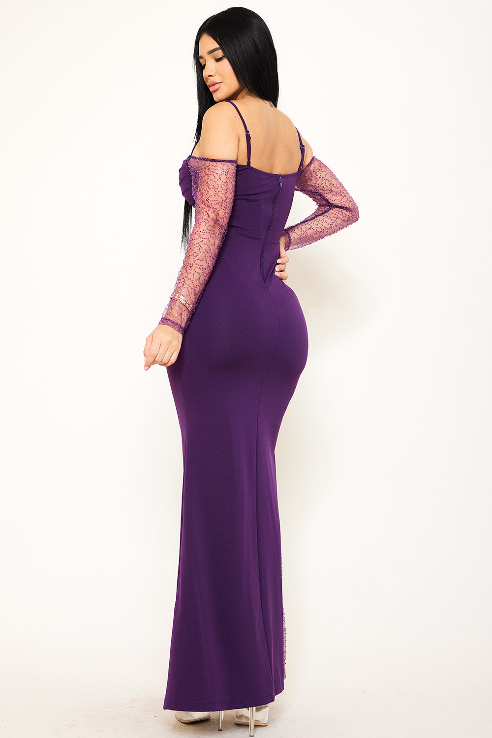 Beaded Mesh Paneled Maxi Dress
