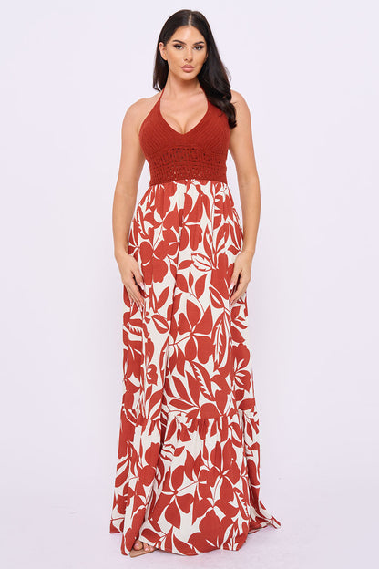 Crochet Halter Top With Printed Maxi Dress