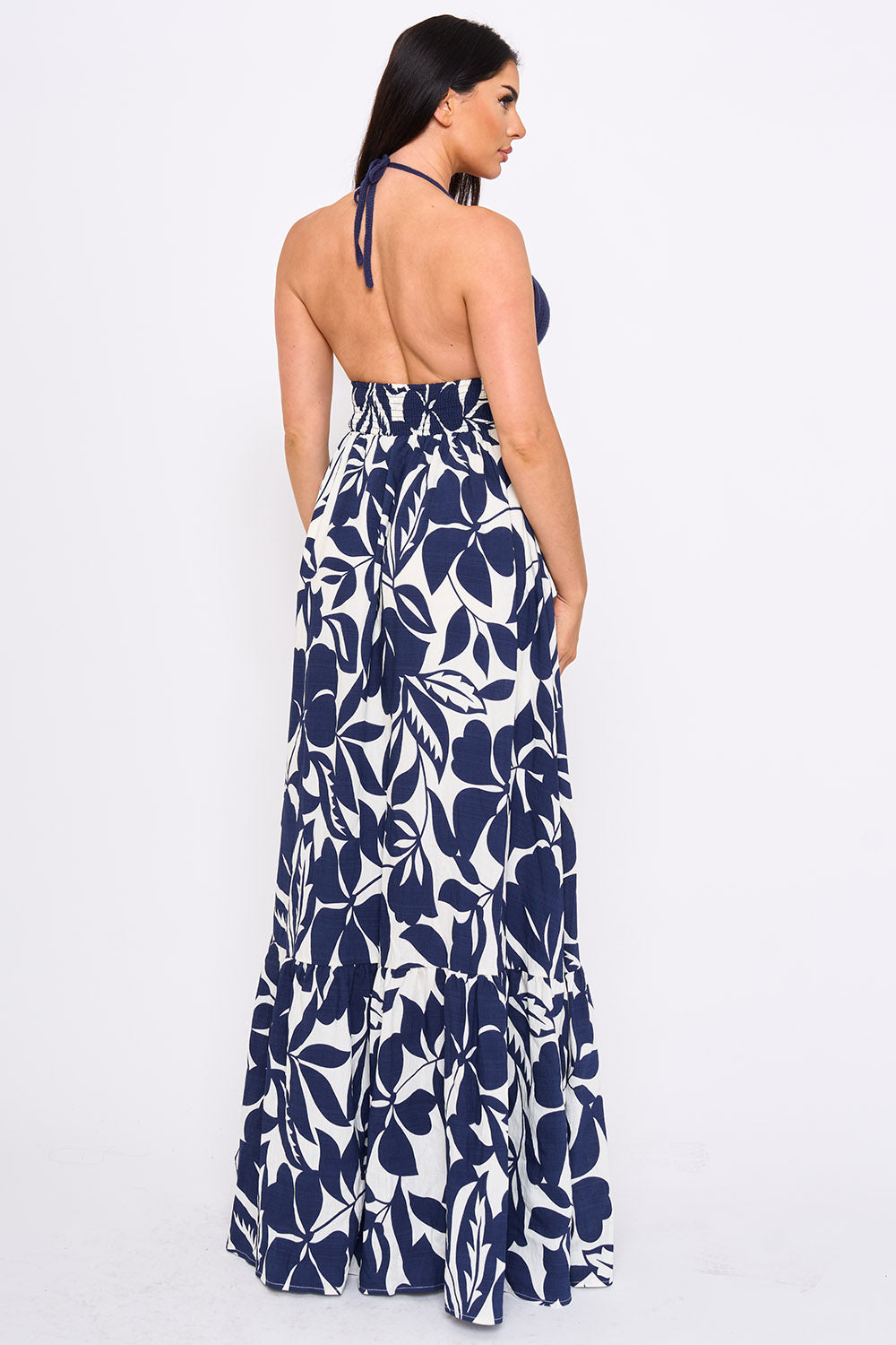 Crochet Halter Top With Printed Maxi Dress