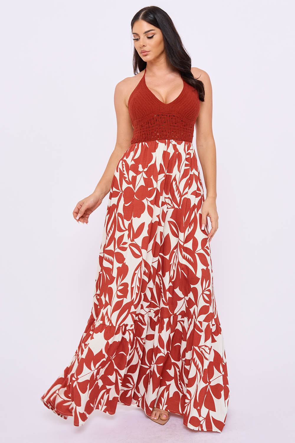 Crochet Halter Top With Printed Maxi Dress