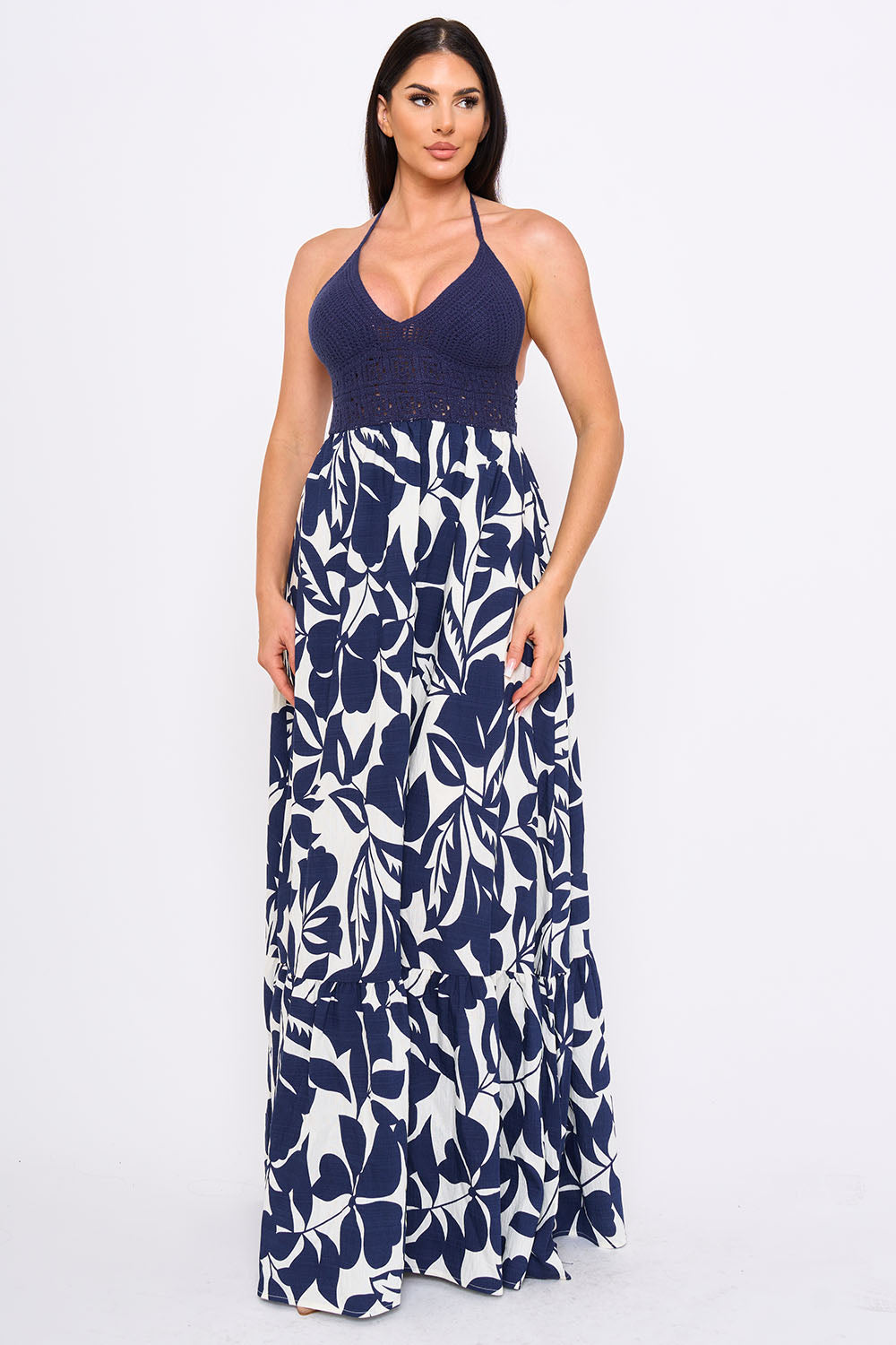 Crochet Halter Top With Printed Maxi Dress