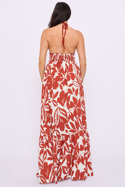 Crochet Halter Top With Printed Maxi Dress