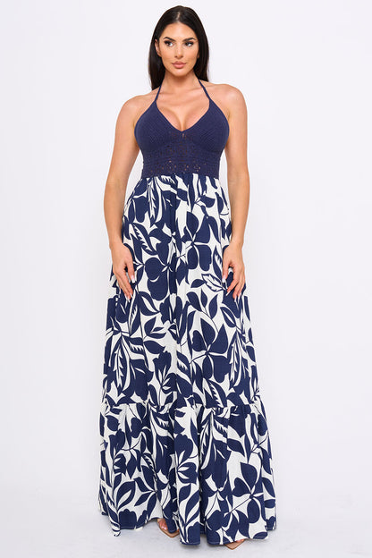 Crochet Halter Top With Printed Maxi Dress