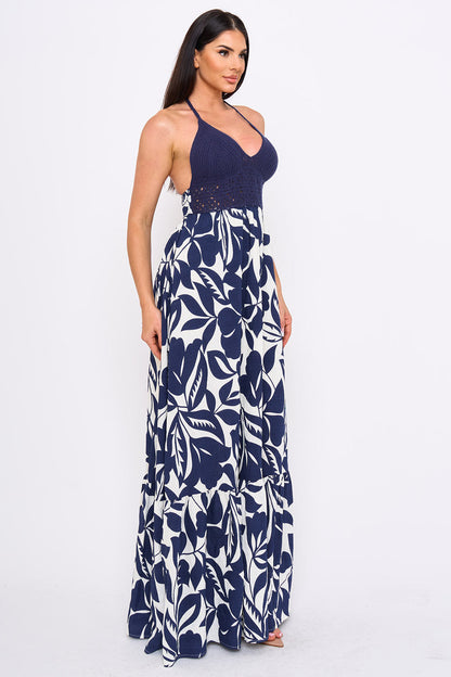 Crochet Halter Top With Printed Maxi Dress