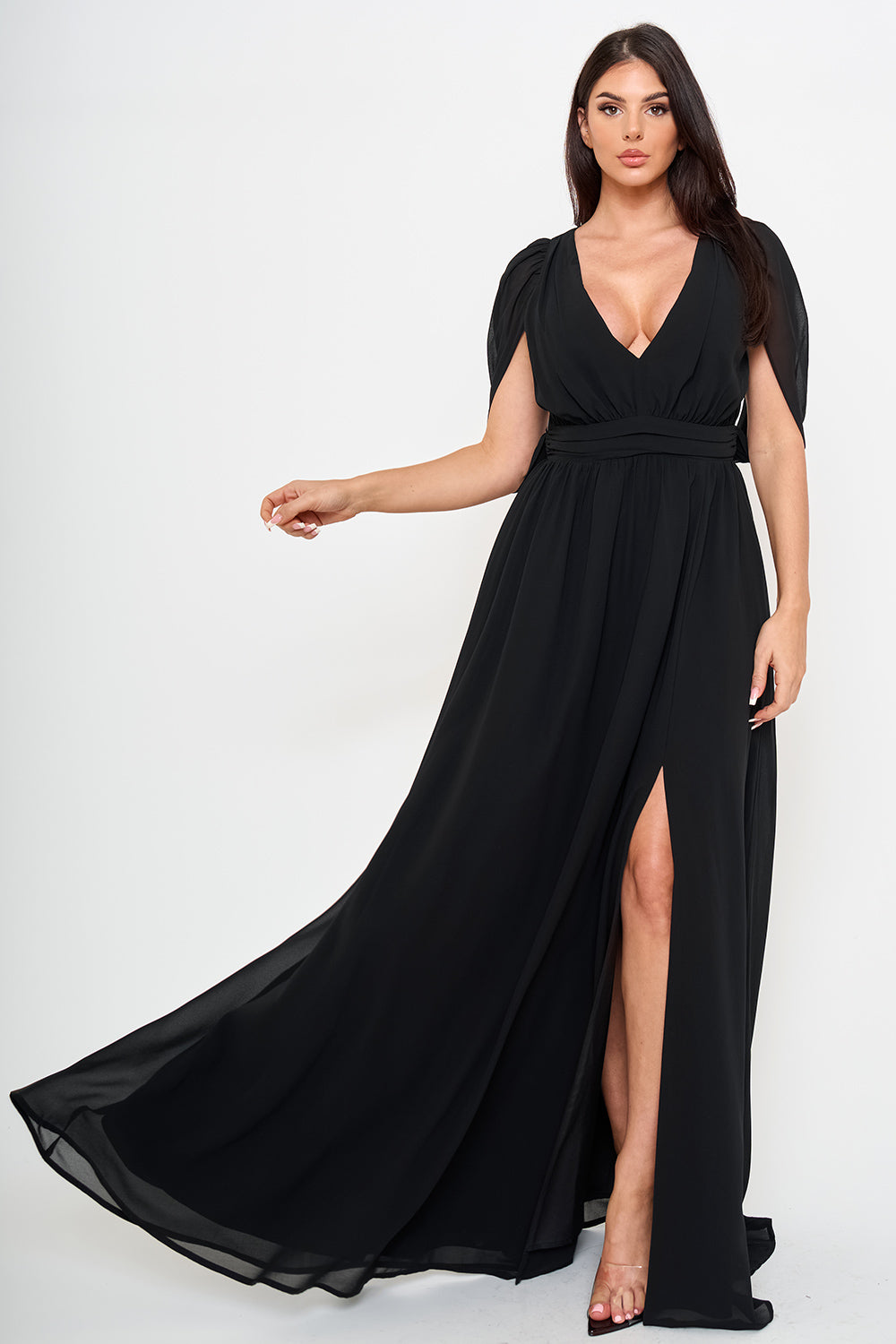 Chiffon Shirring Slit Open Sleeve Maxi Dress