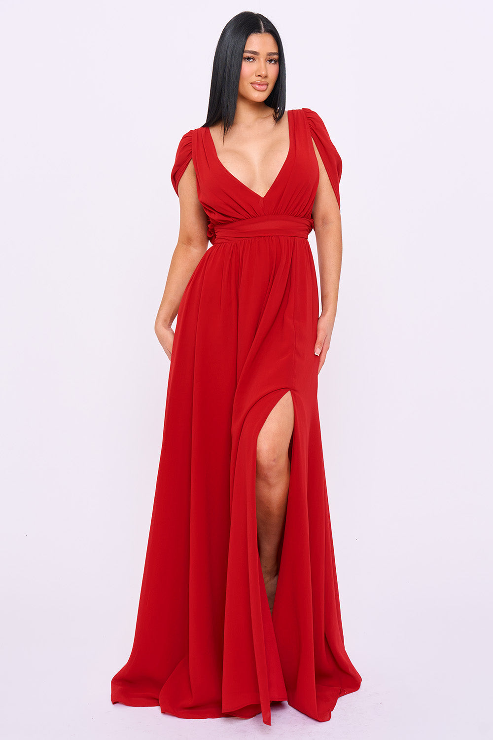 Chiffon Shirring Slit Open Sleeve Maxi Dress