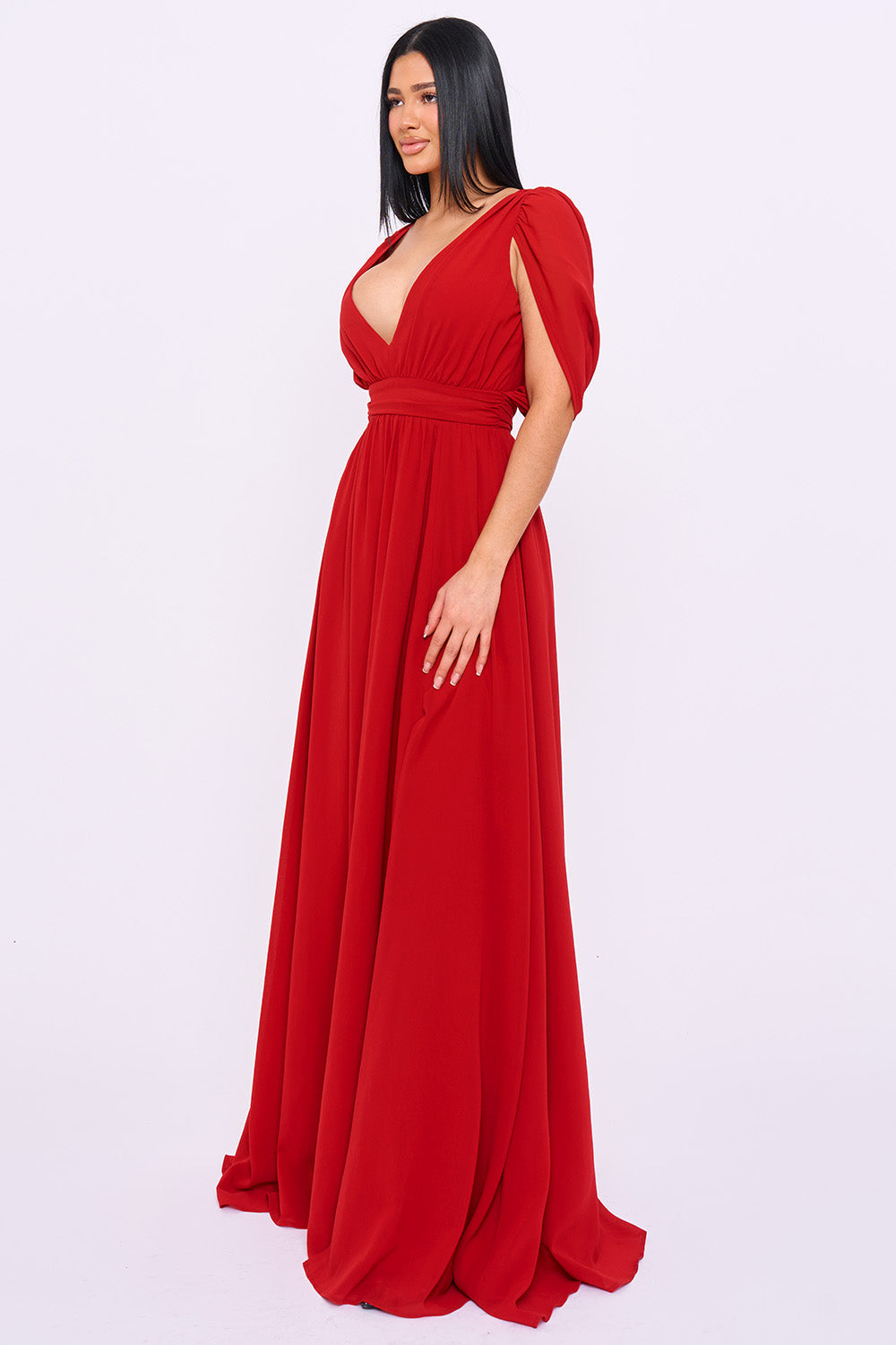 Chiffon Shirring Slit Open Sleeve Maxi Dress