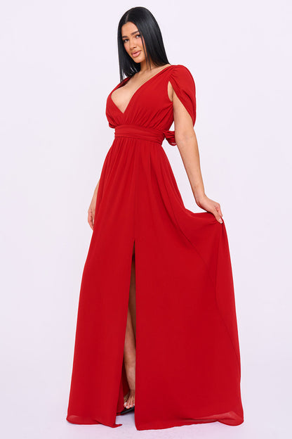 Chiffon Shirring Slit Open Sleeve Maxi Dress