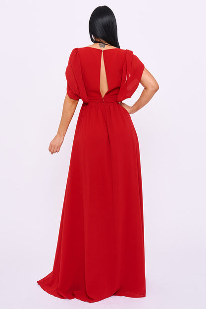 Chiffon Shirring Slit Open Sleeve Maxi Dress