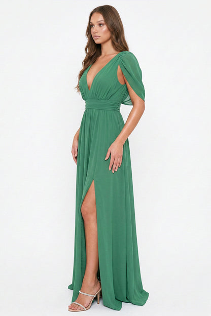 Chiffon Shirring Slit Open Sleeve Maxi Dress