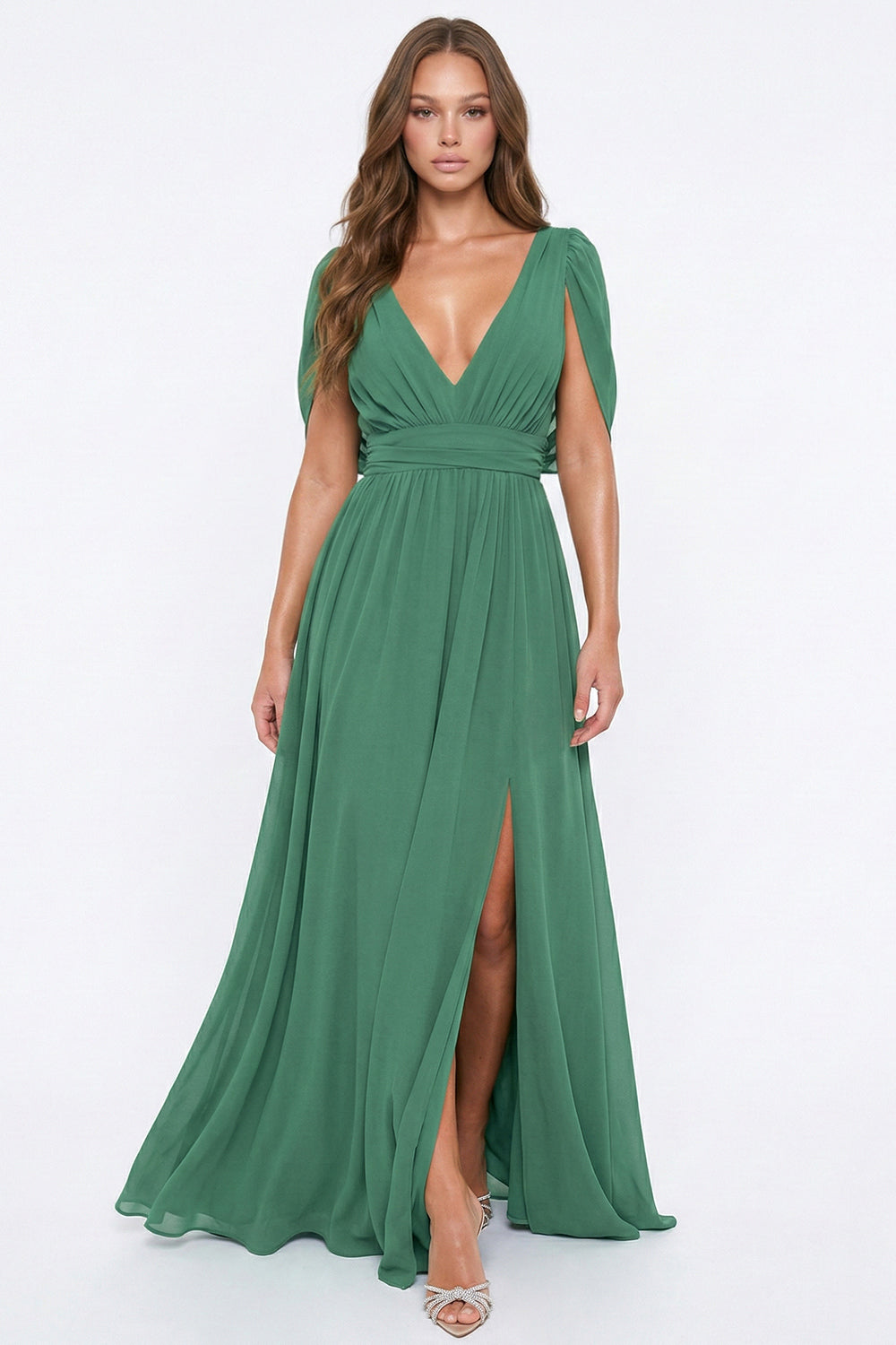 Chiffon Shirring Slit Open Sleeve Maxi Dress