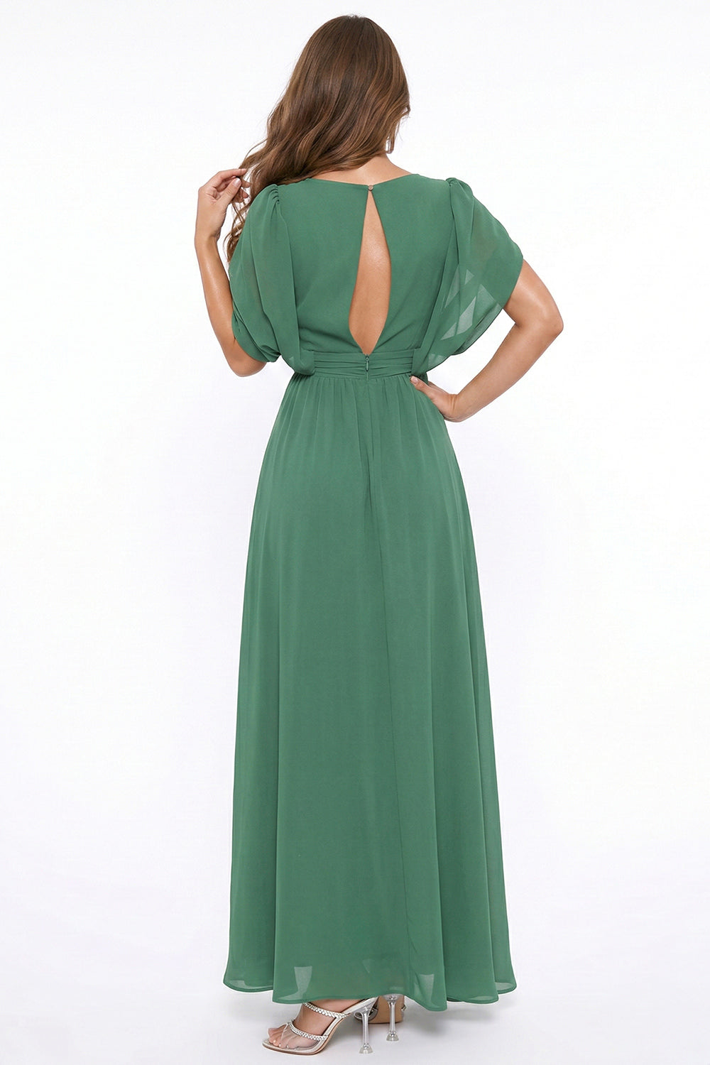 Chiffon Shirring Slit Open Sleeve Maxi Dress