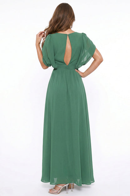 Chiffon Shirring Slit Open Sleeve Maxi Dress
