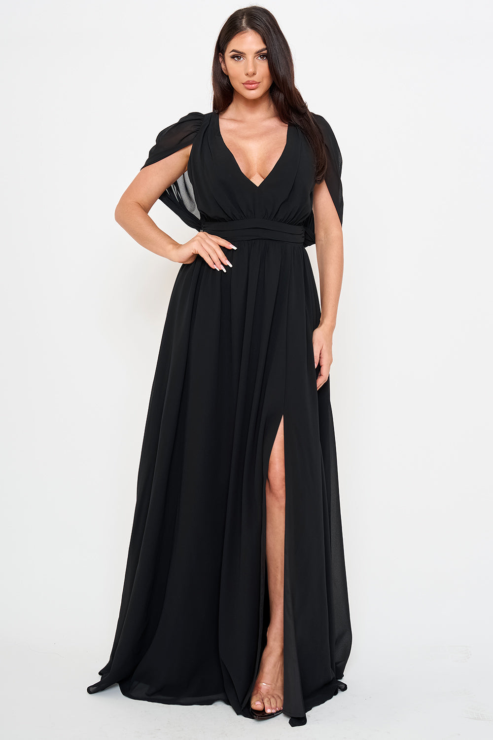 Chiffon Shirring Slit Open Sleeve Maxi Dress