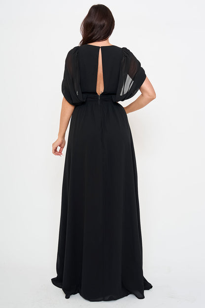 Chiffon Shirring Slit Open Sleeve Maxi Dress