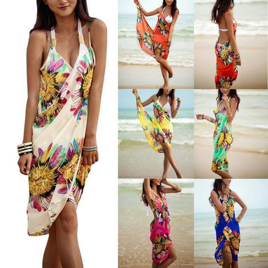 Women Floral Beach Dress Sexy Sling Beach Cover-Ups